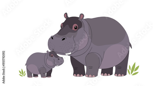 Charming illustration of an adult hippopotamus and its adorable baby hippo, showcasing family bonds and African wildlife, ideal for children's education and nature themes.