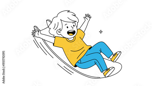 Happy little boy with a joyful expression, enthusiastically sliding down an unseen surface with arms outstretched, symbolizing childhood fun and active play.