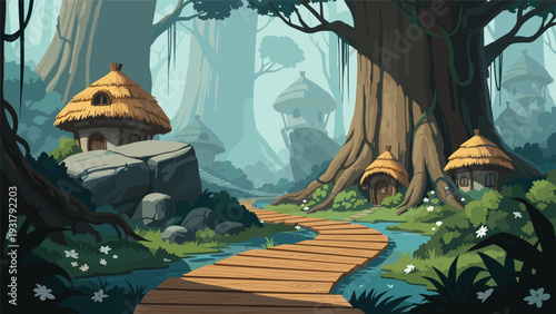 Enchanting fantasy forest landscape with whimsical mushroom-shaped houses, towering trees, and a winding wooden path, evoking a magical and mystical atmosphere.