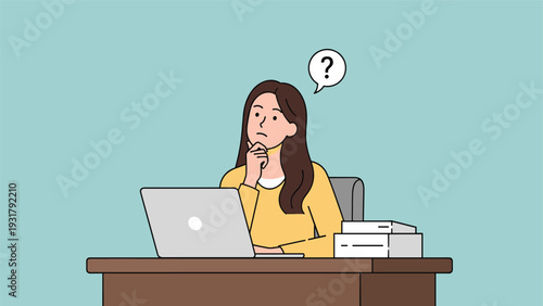 Thoughtful woman pondering a question with a question mark above her head, working diligently on a laptop at her desk, symbolizing problem-solving and focus.