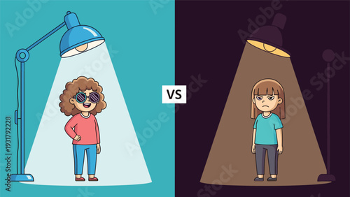 Comparative illustration showing a happy girl enjoying a spotlight versus an angry girl standing in shadow, representing contrasting emotions and perspectives.