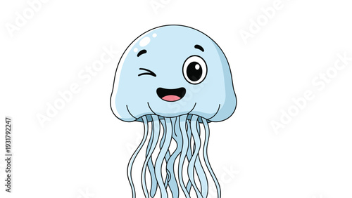 Playful cartoon jellyfish with a charming wink and long tentacles, gracefully swimming underwater, an ideal illustration for marine life and children's designs.