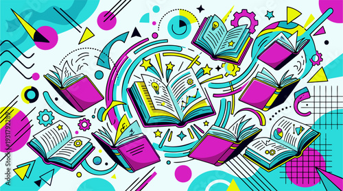 Flying Open Books Spreading Knowledge & Ideas for Copyright, Education & Innovation in Vibrant Memphis Style Vector Art
