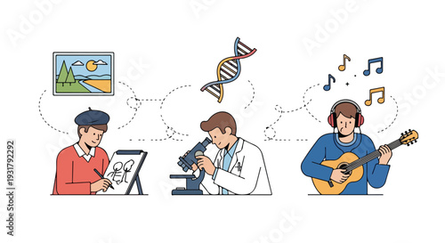 Illustration of people engaging in creative and intellectual activities on World Intellectual Property Day, showcasing innovation and artistic expression.