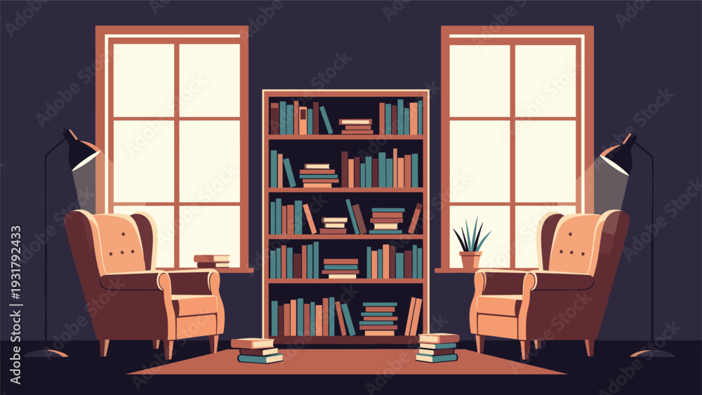 Fototapeta premium Inviting and cozy reading nook featuring two comfortable armchairs, a tall bookshelf filled with books, and warm lighting from floor lamps.