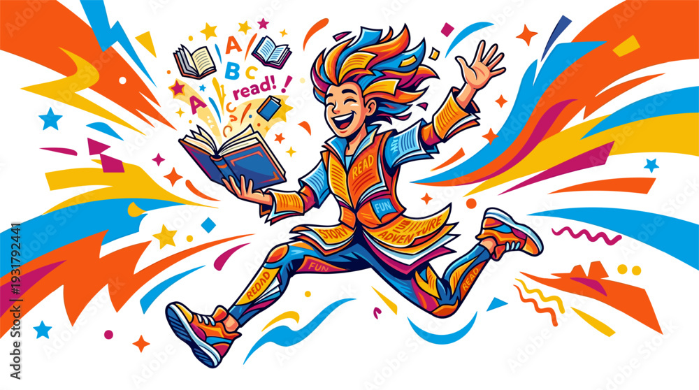 Obraz premium Energetic reader running with open book and flying letters, promoting literacy, education, copyright, in a vibrant vector illustration on white background.