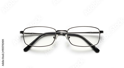 Modern black eyeglasses with sleek frames and clear lenses positioned elegantly on white background