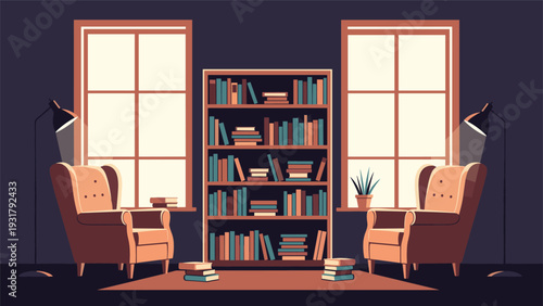 Inviting and cozy reading nook featuring two comfortable armchairs, a tall bookshelf filled with books, and warm lighting from floor lamps.