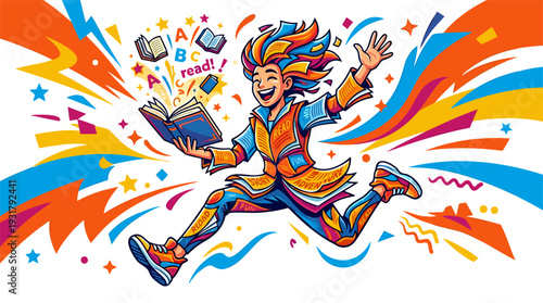 Energetic reader running with open book and flying letters, promoting literacy, education, copyright, in a vibrant vector illustration on white background.