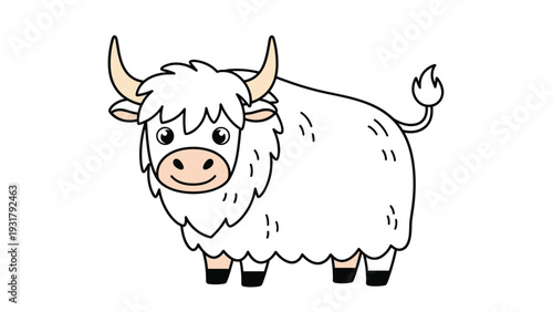 Adorable and fluffy cartoon yak with charming horns and a friendly expression, a cute and appealing illustration for children's animal collections.