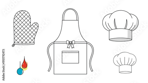 Collection of essential chef accessories, including oven mitts, aprons, and chef hats, rendered in simple line art, ideal for culinary themes or coloring.