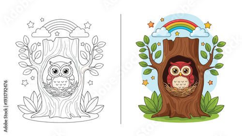 Charming illustration of a cute owl nestled in a tree hollow under a rainbow, presented in both full color and black and white line art for coloring.