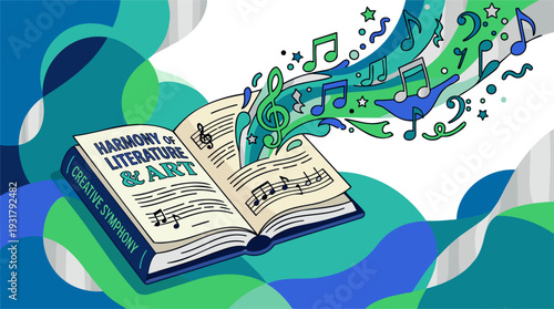 Open Book, Music Notes, Flowing Harmony, Creative Art, Copyright Intellectual Property, Modern Cartoon, Blue Green, Vector Illustration