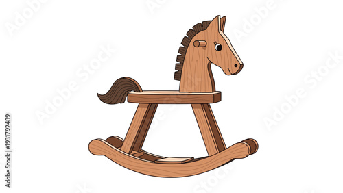 Classic wooden rocking horse with a detailed mane and tail, rendered in warm brown tones, evoking a sense of nostalgia and traditional childhood play.