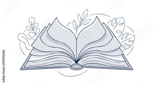Open Book with Fanned Pages and Botanical Leaves Representing Education, Knowledge, and Copyright in a Minimalist Line Art Style with Blue and Grey Isolated Vector Graphic