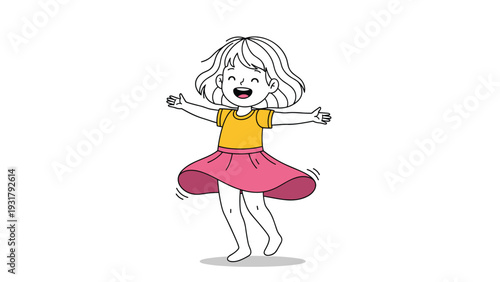 Joyful young girl with a radiant smile, happily dancing with outstretched arms and a swirling skirt, expressing freedom and cheerful movement.