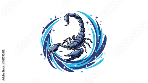 Dynamic and stylized illustration of a blue scorpion, embodying the powerful and intense Scorpio zodiac sign, surrounded by swirling elements.