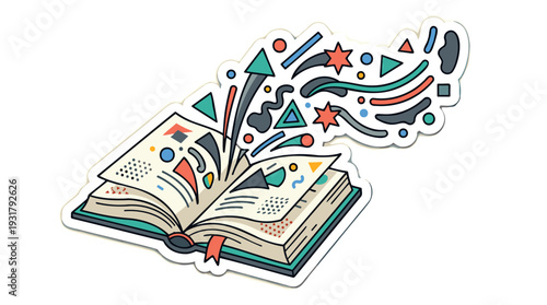 Open Book, Abstract Shapes Bursting. Symbolizing knowledge, creativity, intellectual property, and copyright. Modern flat design, colorful vector sticker.