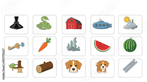 Collection of various objects including an inkpot, snake, barn, submarine, watermelon, carrot, logs, and puppies, designed for an engaging learning game.