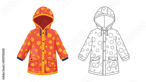 Stylish red and yellow polka dot raincoat, depicted in both vibrant color and black and white line art, perfect for coloring or illustrating rainy day attire.