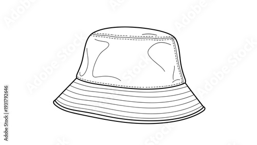 Fashionable and casual bucket hat, rendered in clean black and white line art, suitable for coloring, fashion illustrations, or apparel design.