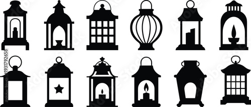 Black lantern icon set featuring decorative vintage candle lamps silhouettes isolated on white background for Ramadan and festive design