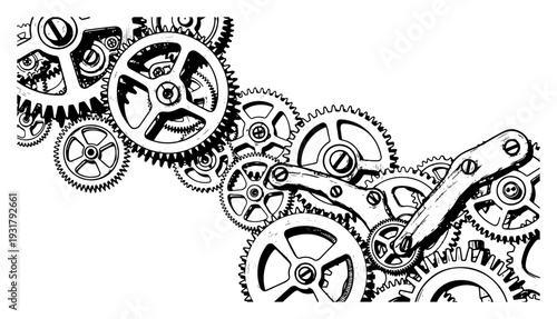 Intricate composition of vintage clockwork gears and mechanical parts in hand drawn style