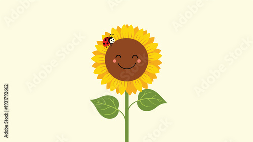 Cheery and smiling sunflower with a small ladybug on one of its petals, radiating happiness and natural beauty, ideal for spring and summer themes.