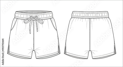 Technical illustration of women s drawstring shorts in a neutral tone