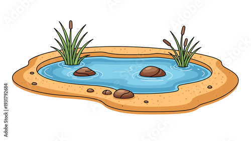 Serene and natural illustration of a small pond with calm blue water, scattered rocks, and tall green reeds, depicting a tranquil outdoor scene.