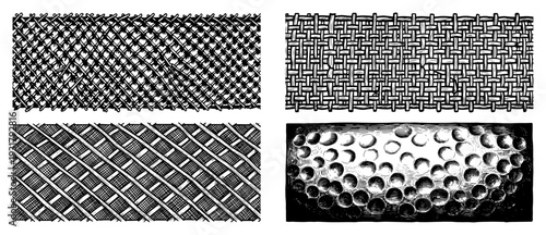 Collection of four hand drawn textures including mesh woven fabric and dimpled surfaces