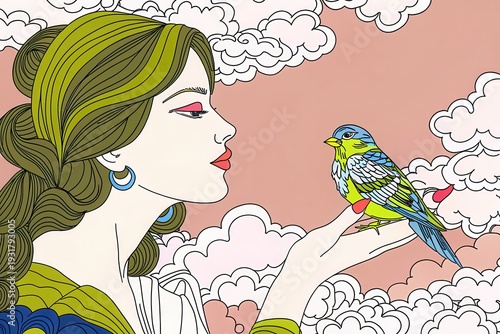 Woman holding a colorful bird with stylized clouds background