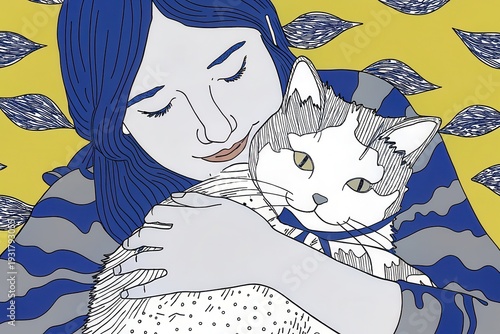 Woman hugging a cat with yellow patterned background
