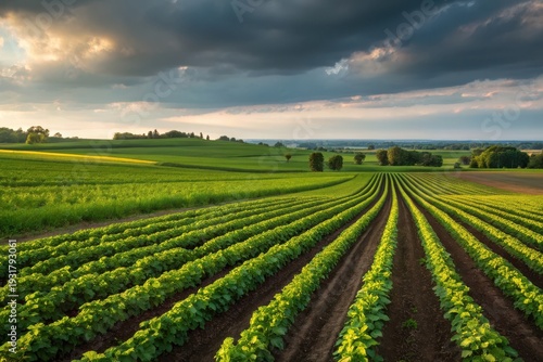 Rows of green crops in a vast agricultural field under a dramatic sky