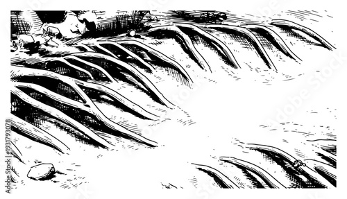 Stylized waterfall flowing over rocks in a classic hand drawn ink sketch style