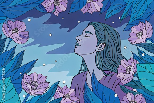 Woman Meditating Surrounded by Flowers and Leaves meditation