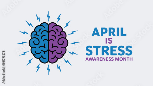 April is Stress Awareness Month Minimalist Banner with Dual Colored Brain and Energy Symbols for Corporate Wellness and Mental Health Support