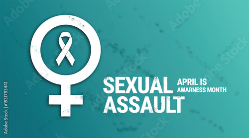 Sexual Assault Awareness Month Poster with Teal Awareness Ribbon and Female Gender Symbol on Textured Background for April Campaigns