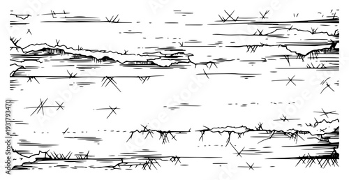 Sketchy ground surface texture with cracks and grass in hand drawn style