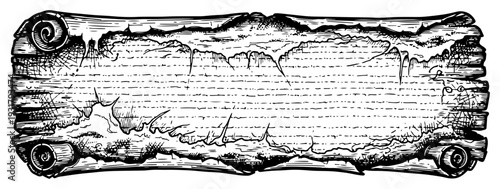 Hand drawn wooden sign board with snow and scrolls in vintage engraving style