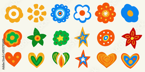 Collection of vibrant stylized flower and heart shaped graphic elements
