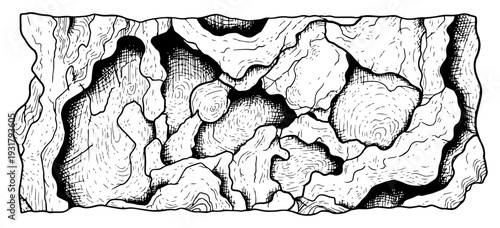 Detailed hand drawn ink sketch of abstract rock texture and mineral formation