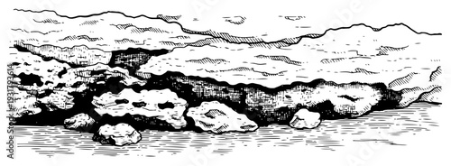 Hand drawn ink illustration of a rocky shoreline and coastal landscape