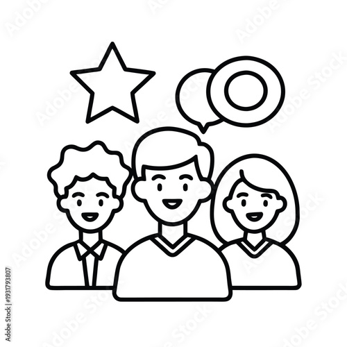 Diverse people group with speech bubbles and star symbol, happy faces, positive communication, good relations