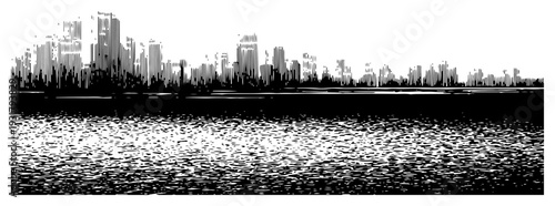 Abstract cityscape skyline silhouette reflected on water surface with heavy grunge texture