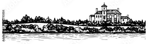 Scenic landscape with a vintage manor house by the lake shore in hand drawn engraving style