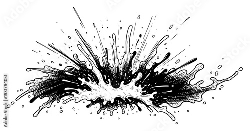 Hand drawn engraving of a dynamic water splash with liquid droplets