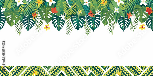 Lush tropical leaves and vibrant flowers create a decorative border