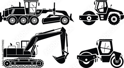 Black silhouette set of road construction machinery including excavator, motor grader, and vibratory rollers isolated on white background