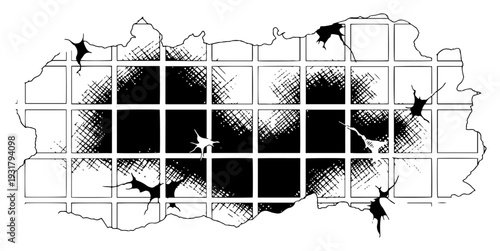 Hand drawn illustration of a damaged tiled wall with holes and ink splats
